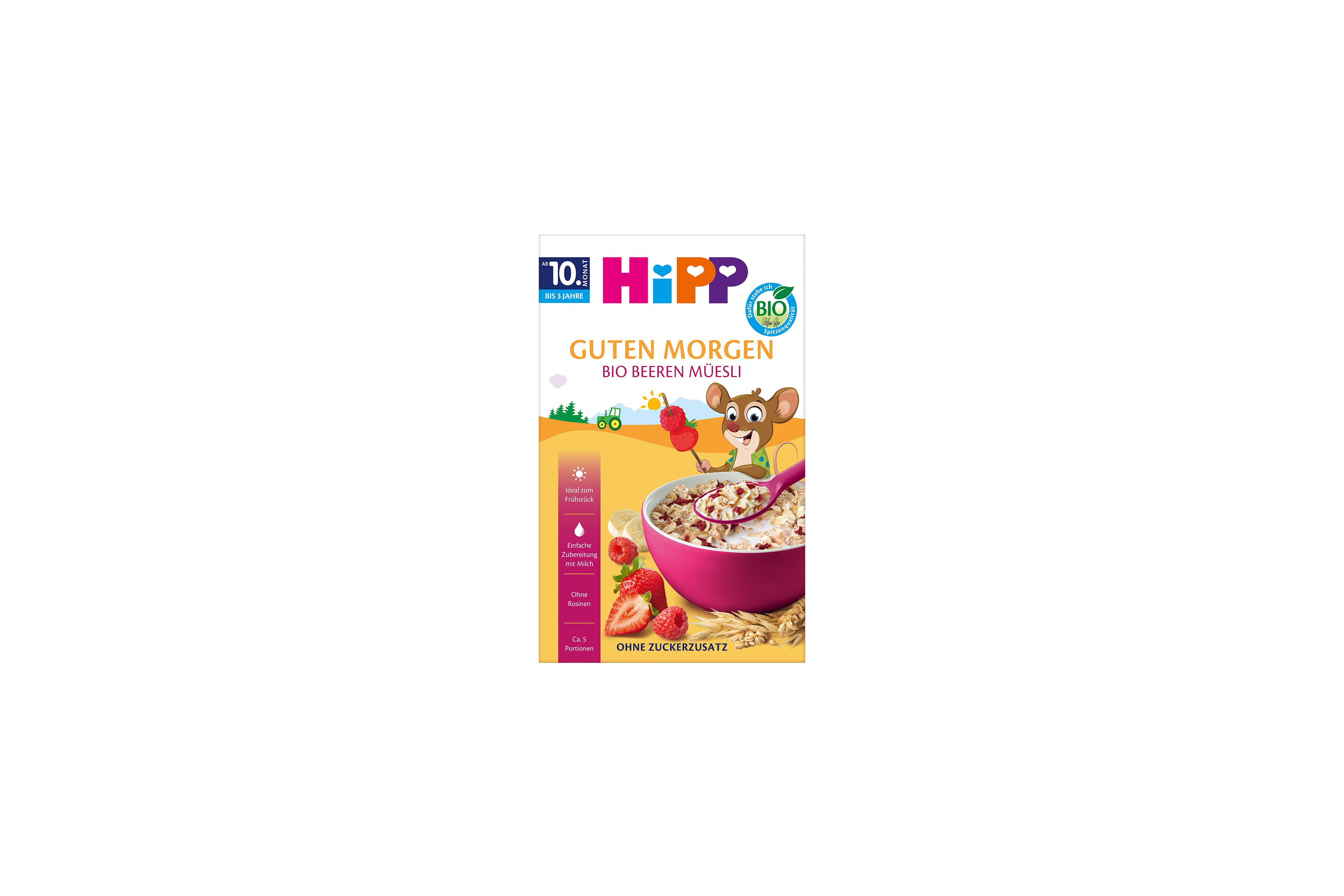 HiPP Guten Morgen Bio Beeren-Müesli Packung mit rosa Müslischale, Beerenstückchen und fröhlicher Maus-Illustration
