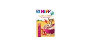 HiPP Guten Morgen Bio Beeren-Müesli Packung mit rosa Müslischale, Beerenstückchen und fröhlicher Maus-Illustration