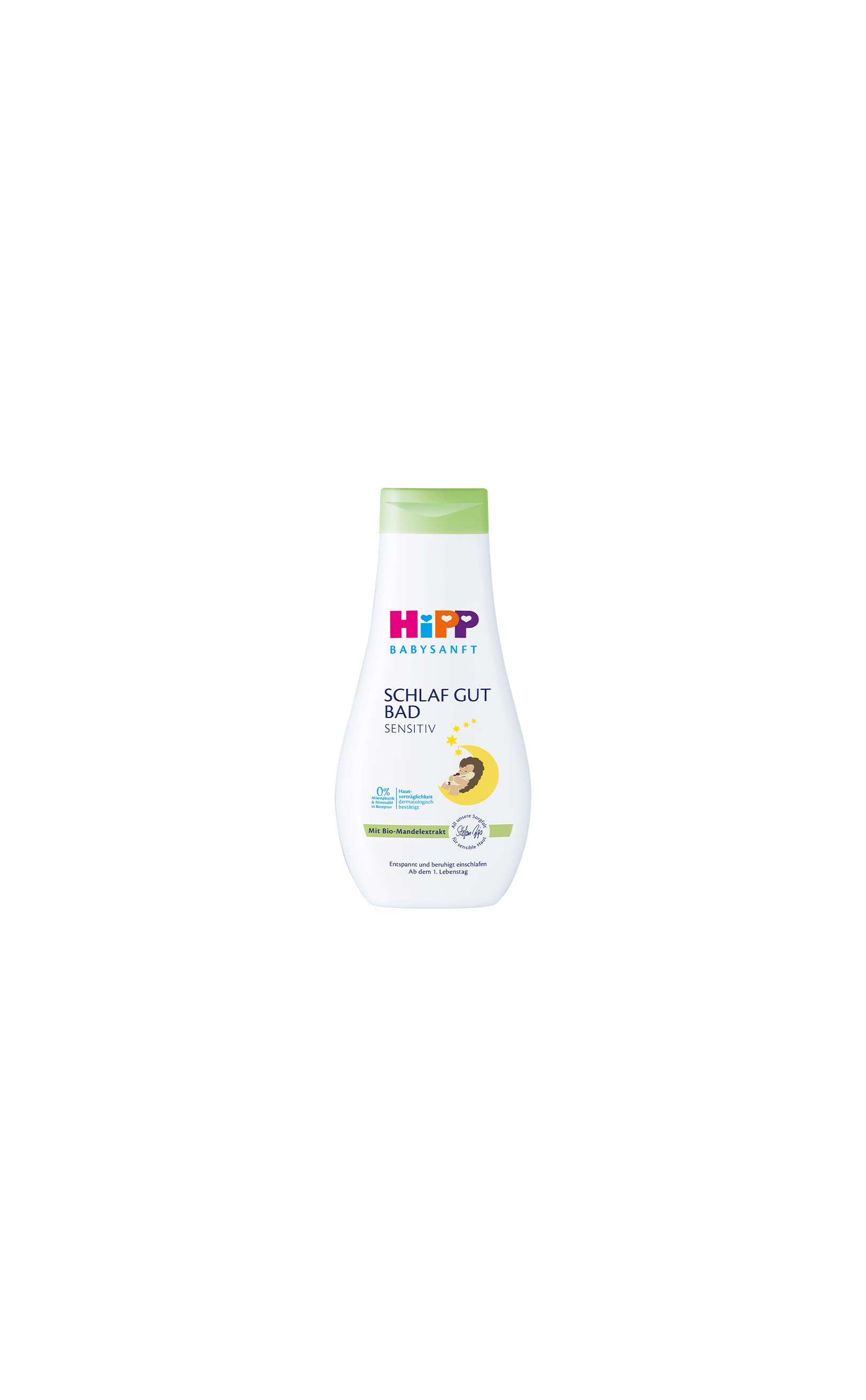 HiPP Babysanft Schlaf Gut Bad Sensitiv Flasche mit grünem Deckel auf schwarzem Hintergrund, beruhigendes Babybad