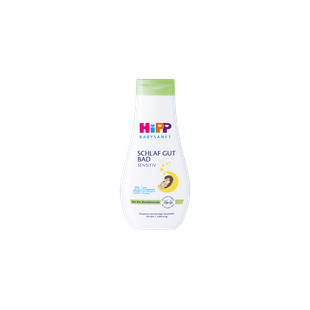 HiPP Babysanft Schlaf Gut Bad Sensitiv Flasche mit grünem Deckel auf schwarzem Hintergrund, beruhigendes Babybad