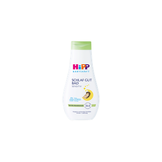 HiPP Babysanft Schlaf Gut Bad Sensitiv Flasche mit grünem Deckel auf schwarzem Hintergrund, beruhigendes Babybad
