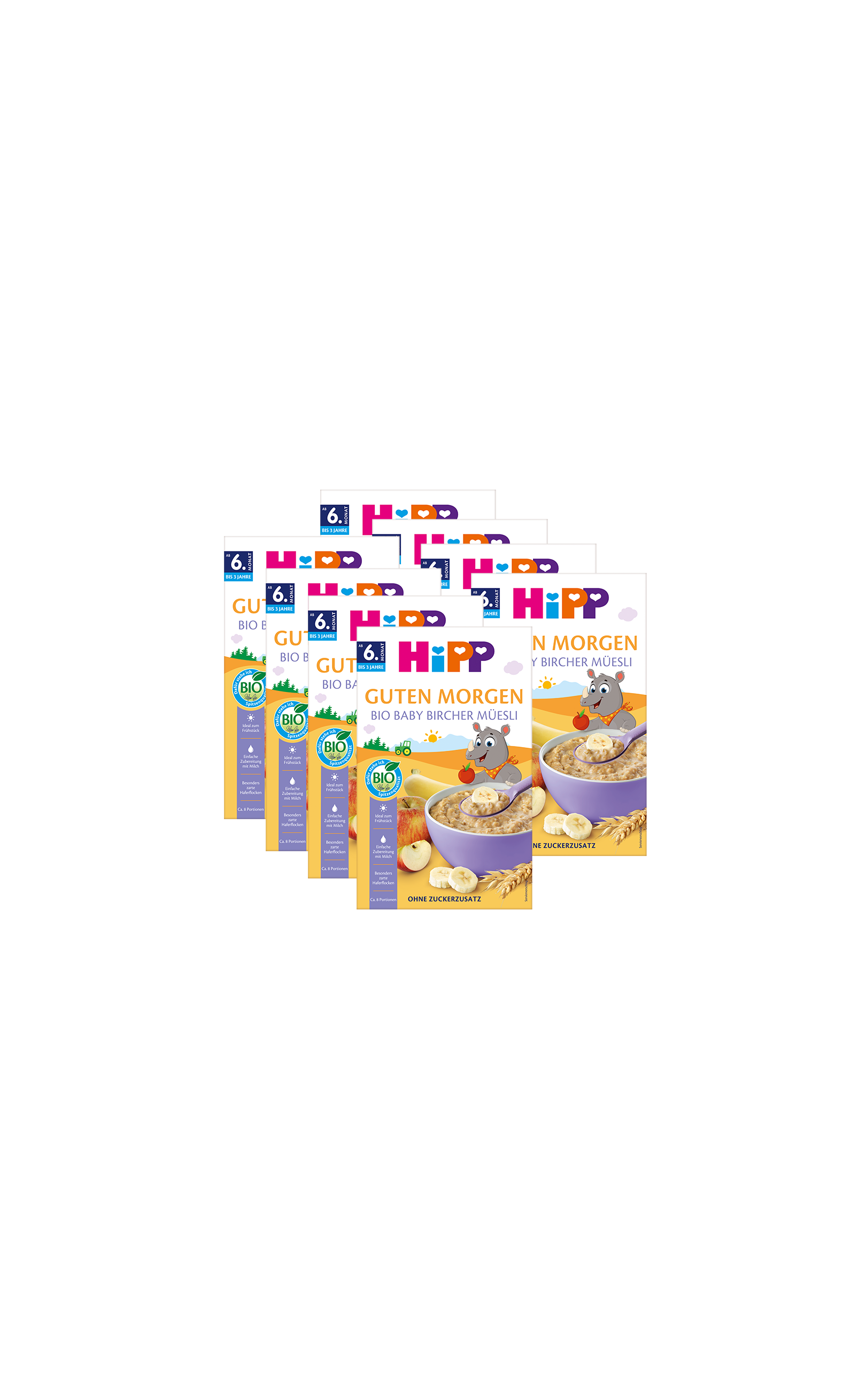 8er-Pack HiPP Guten Morgen Bio Baby Bircher Müsli ab 6 Monaten mit Apfel, Banane und Getreide auf der Verpackung