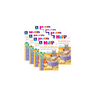 8er-Pack HiPP Guten Morgen Bio Baby Bircher Müsli ab 6 Monaten mit Apfel, Banane und Getreide auf der Verpackung