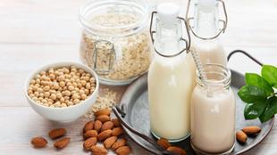 Eine Vielzahl von Getränken und Zutaten auf pflanzlicher Basis, darunter Haferflocken, Kichererbsen, Mandeln und Glasflaschen mit milchähnlichen Substanzen.