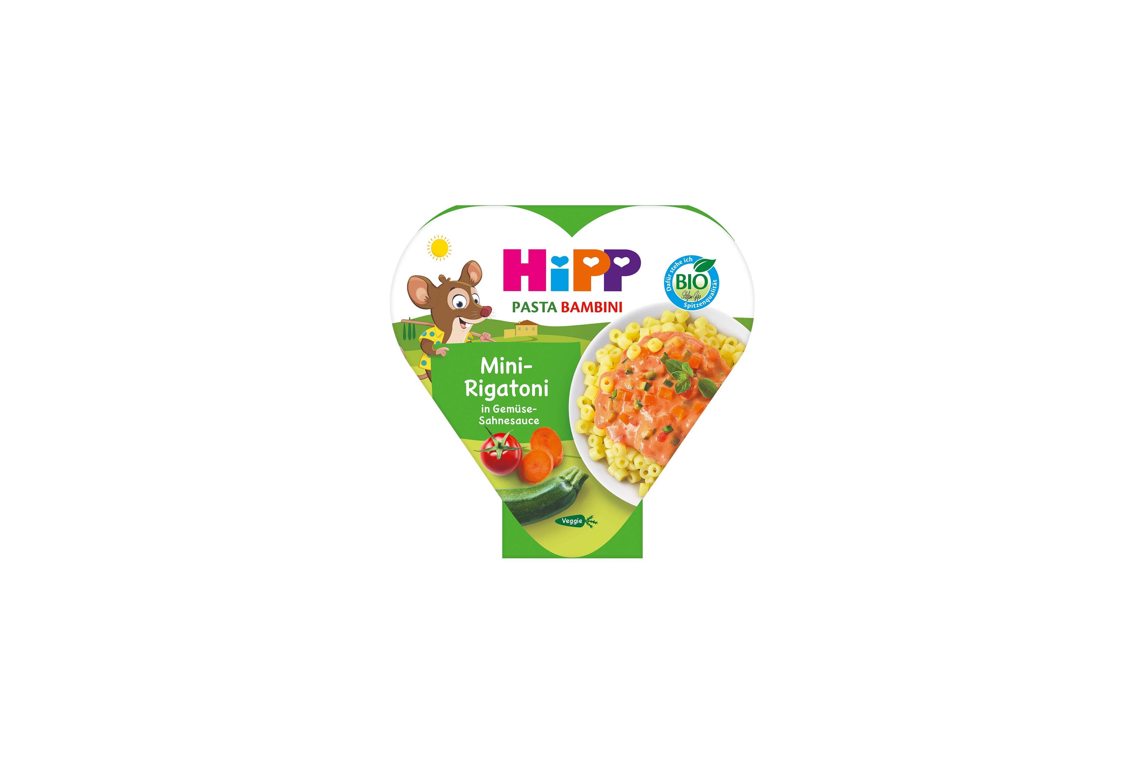 HiPP Pasta Bambini Mini-Rigatoni in Gemüse-Sahnesauce in einer herzförmigen 250-g-Schale