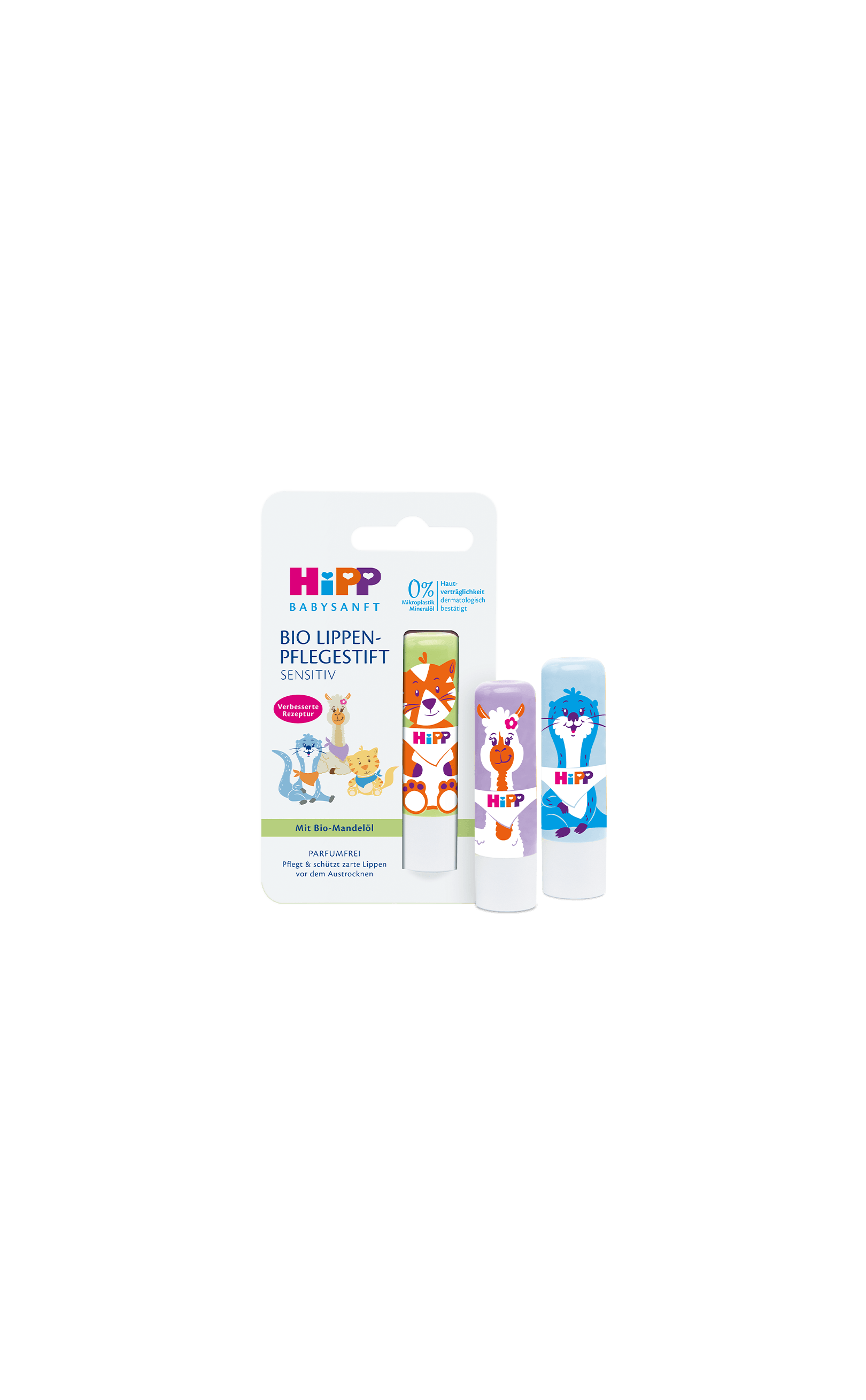HiPP Babysanft Bio Lippenpflegestift sensitiv 1x4,8g in Blisterverpackung mit bunten Tiermotiven für zarte Kinderlippen