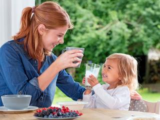 Mutter und Kleinkind sitzen am Tisch und stoßen mit Gläsern an