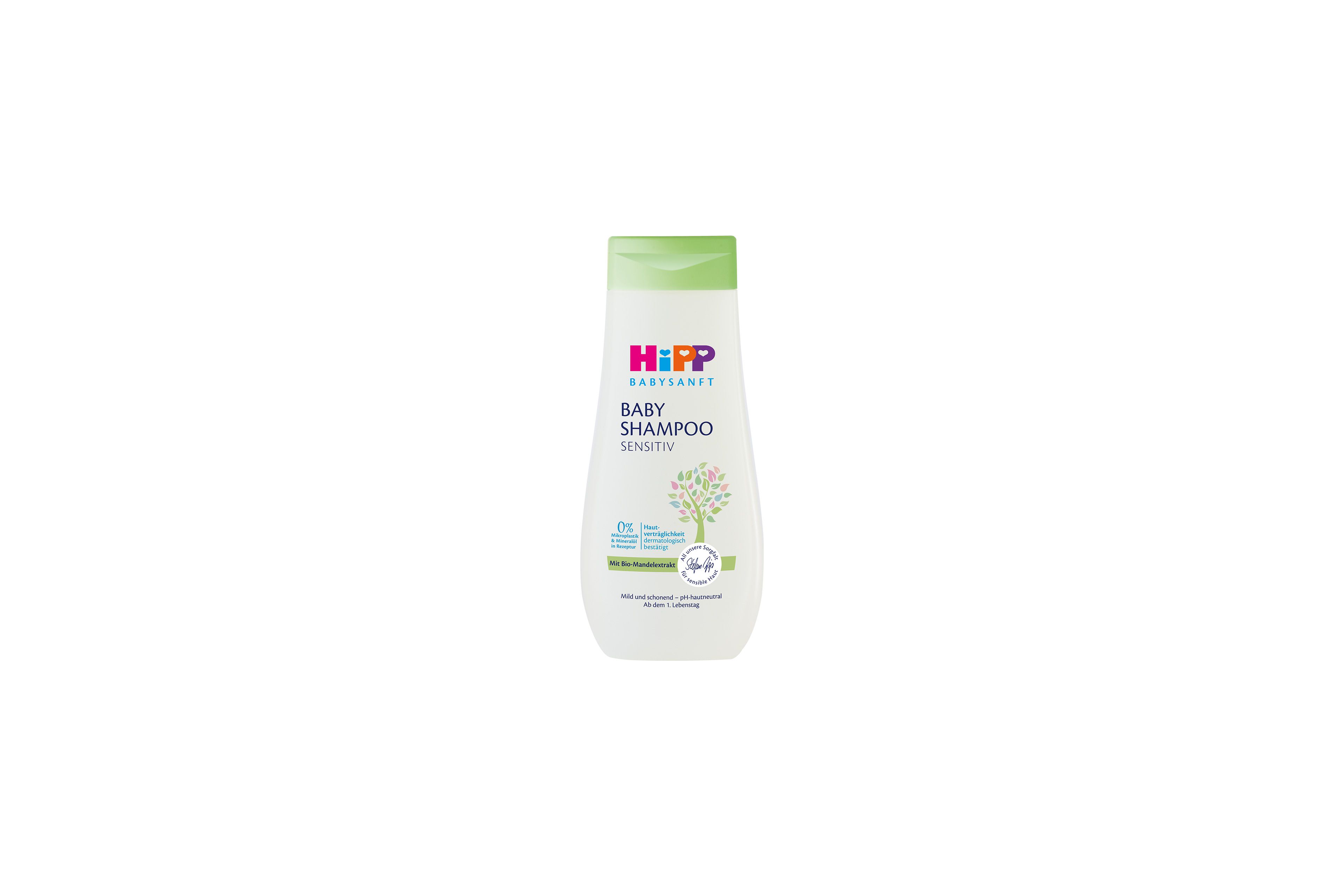 HiPP Babysanft Baby Shampoo Sensitiv Flasche mit grünem Deckel auf weißem Hintergrund