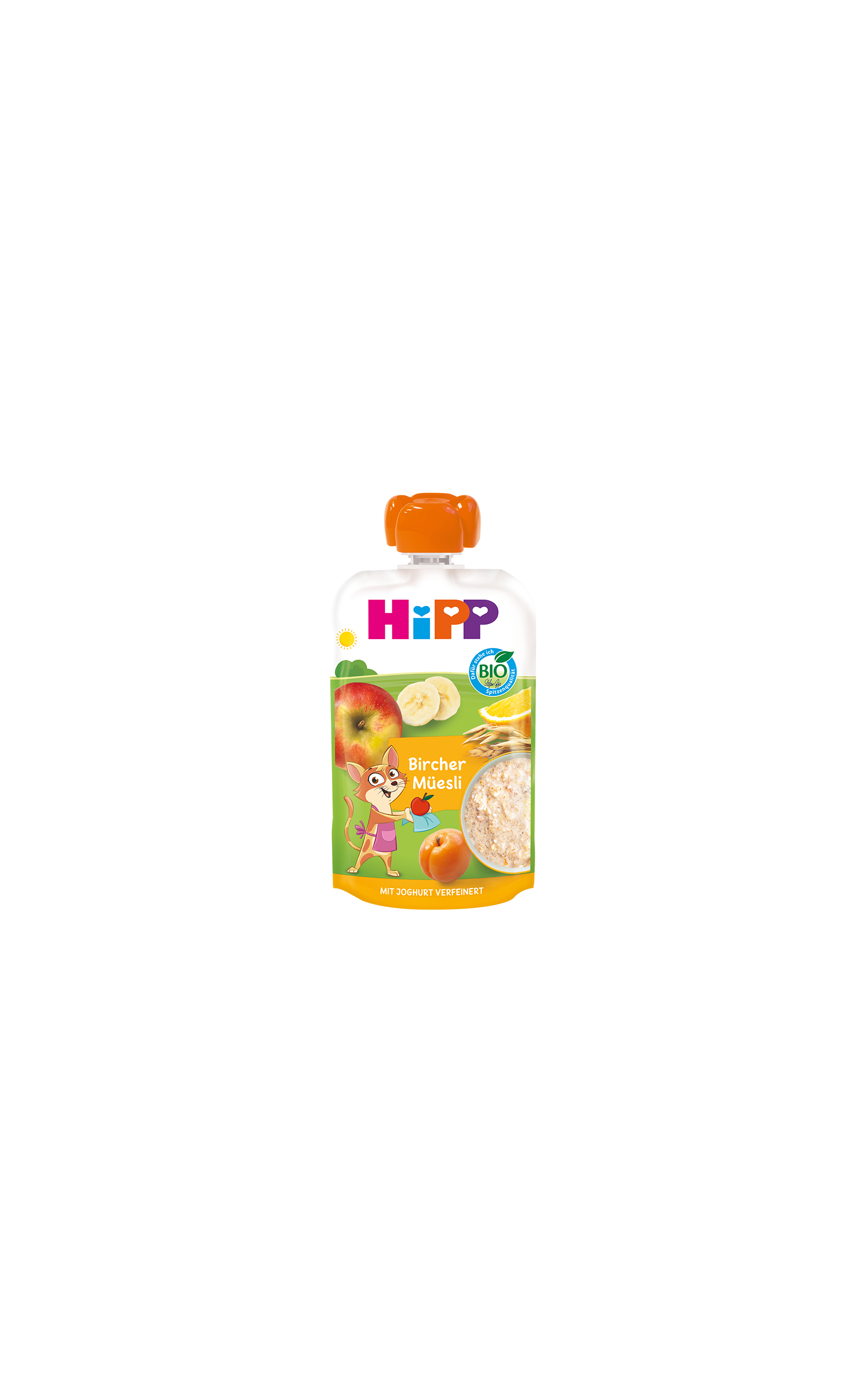 HiPP Bio Quetschbeutel Bircher Müesli mit Joghurt, Apfel, Banane und Getreide auf hellem Beutel mit orangefarbenem Verschluss