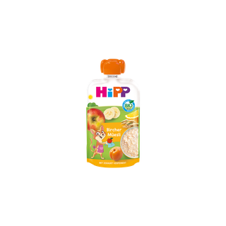 HiPP Bio Quetschbeutel Bircher Müesli mit Joghurt, Apfel, Banane und Getreide auf hellem Beutel mit orangefarbenem Verschluss