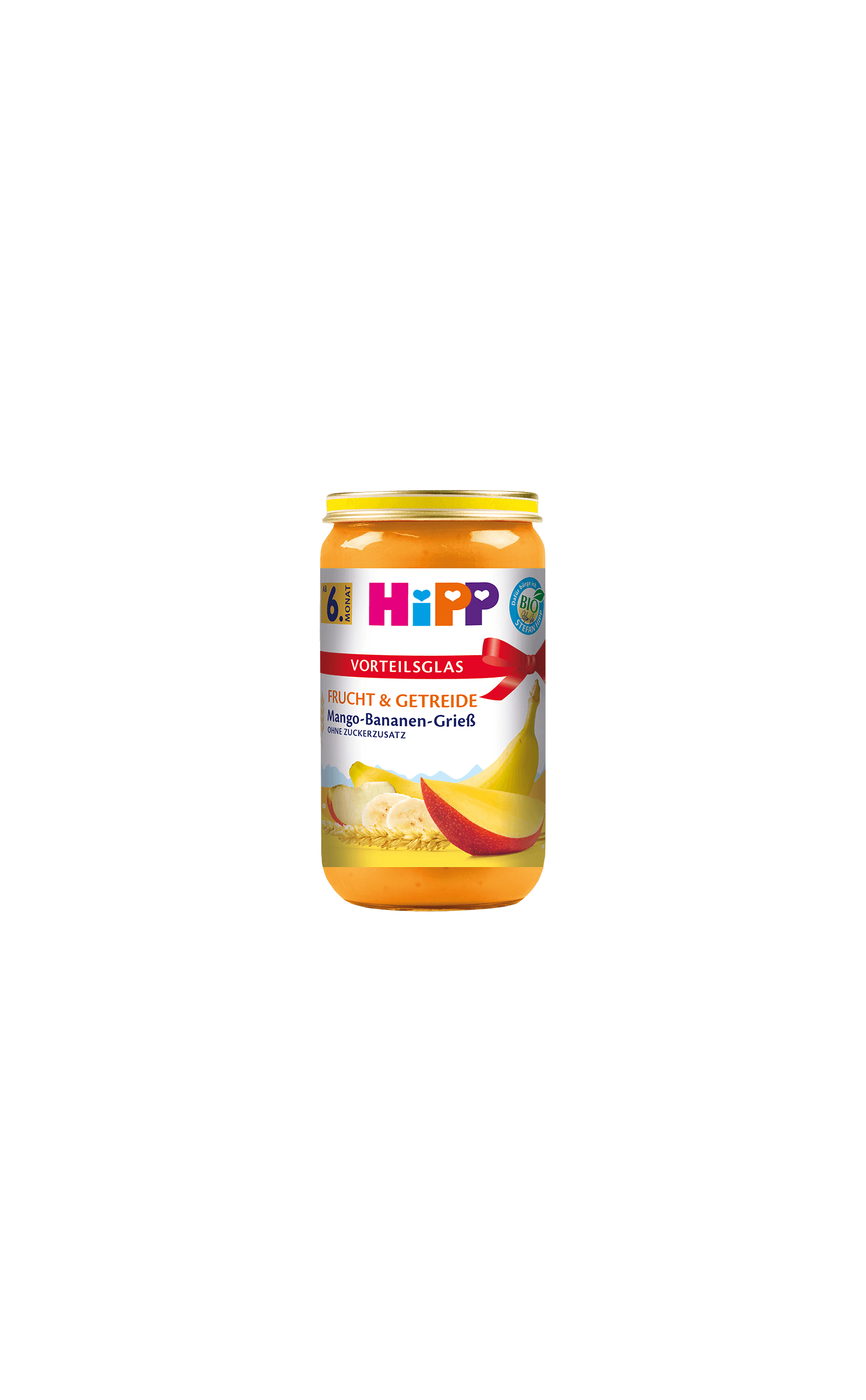 HiPP Bio Mango-Bananen-Grieß 250g im Glas, Frucht-Getreide-Brei ab 6. Monat auf weißem Hintergrund