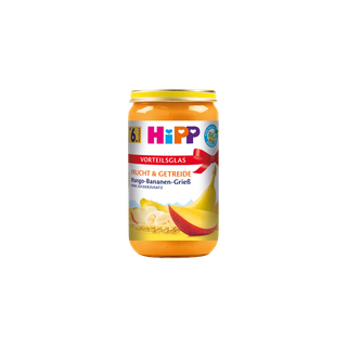 HiPP Bio Mango-Bananen-Grieß 250g im Glas, Frucht-Getreide-Brei ab 6. Monat auf weißem Hintergrund