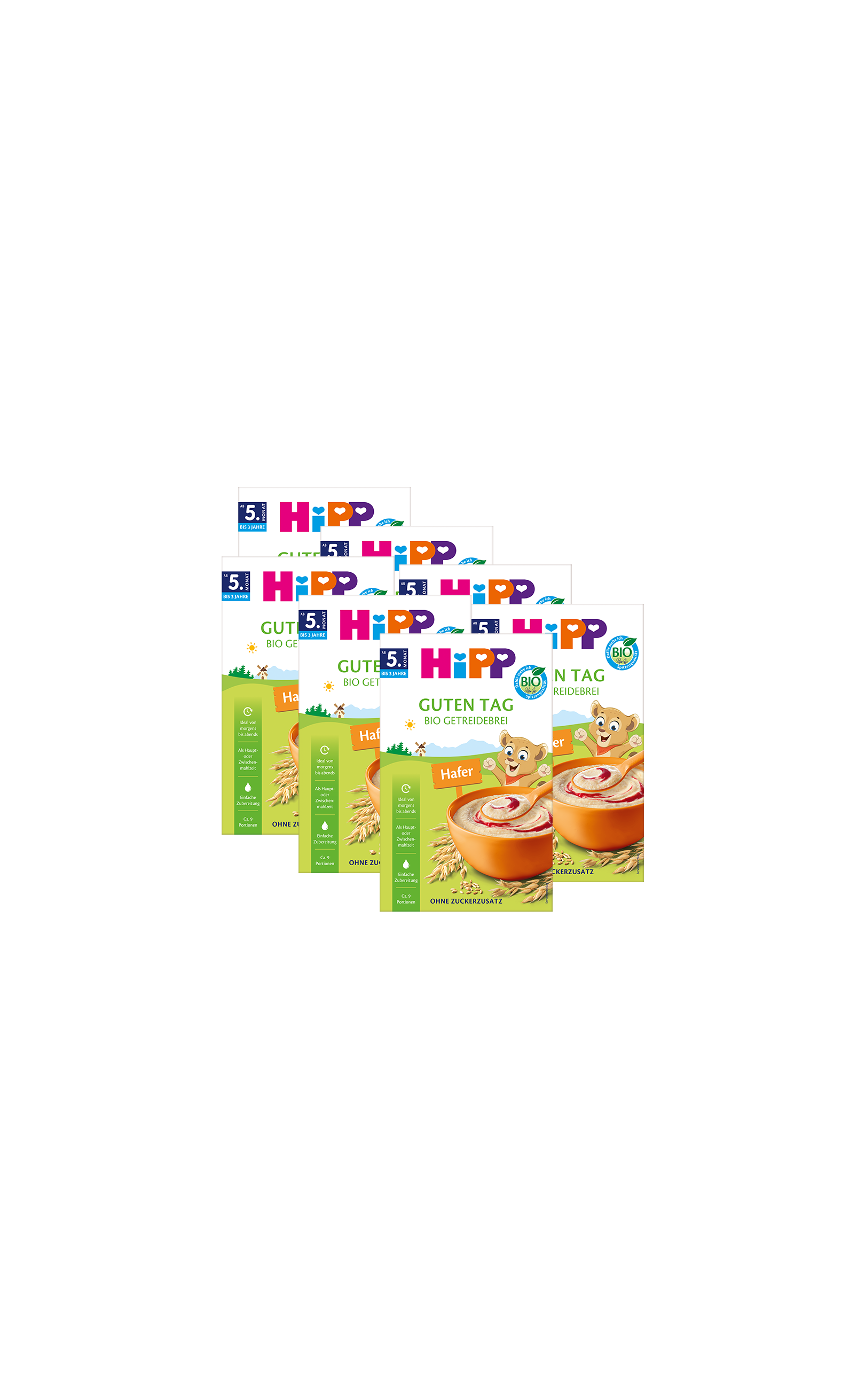 7er Pack HiPP Guten Tag Bio Getreidebrei Hafer ab dem 5. Monat vor schwarzem Hintergrund
