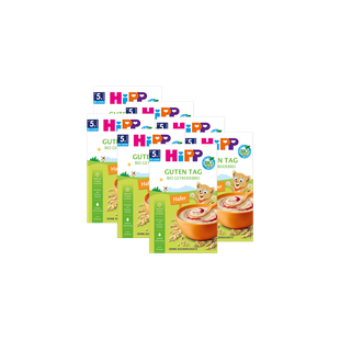 7er Pack HiPP Guten Tag Bio Getreidebrei Hafer ab dem 5. Monat vor schwarzem Hintergrund