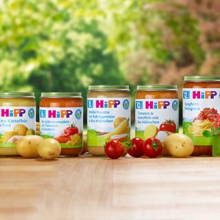 Mehrere HiPP Babyglääschen nebeneinander, rund herum Obst und Gemüse