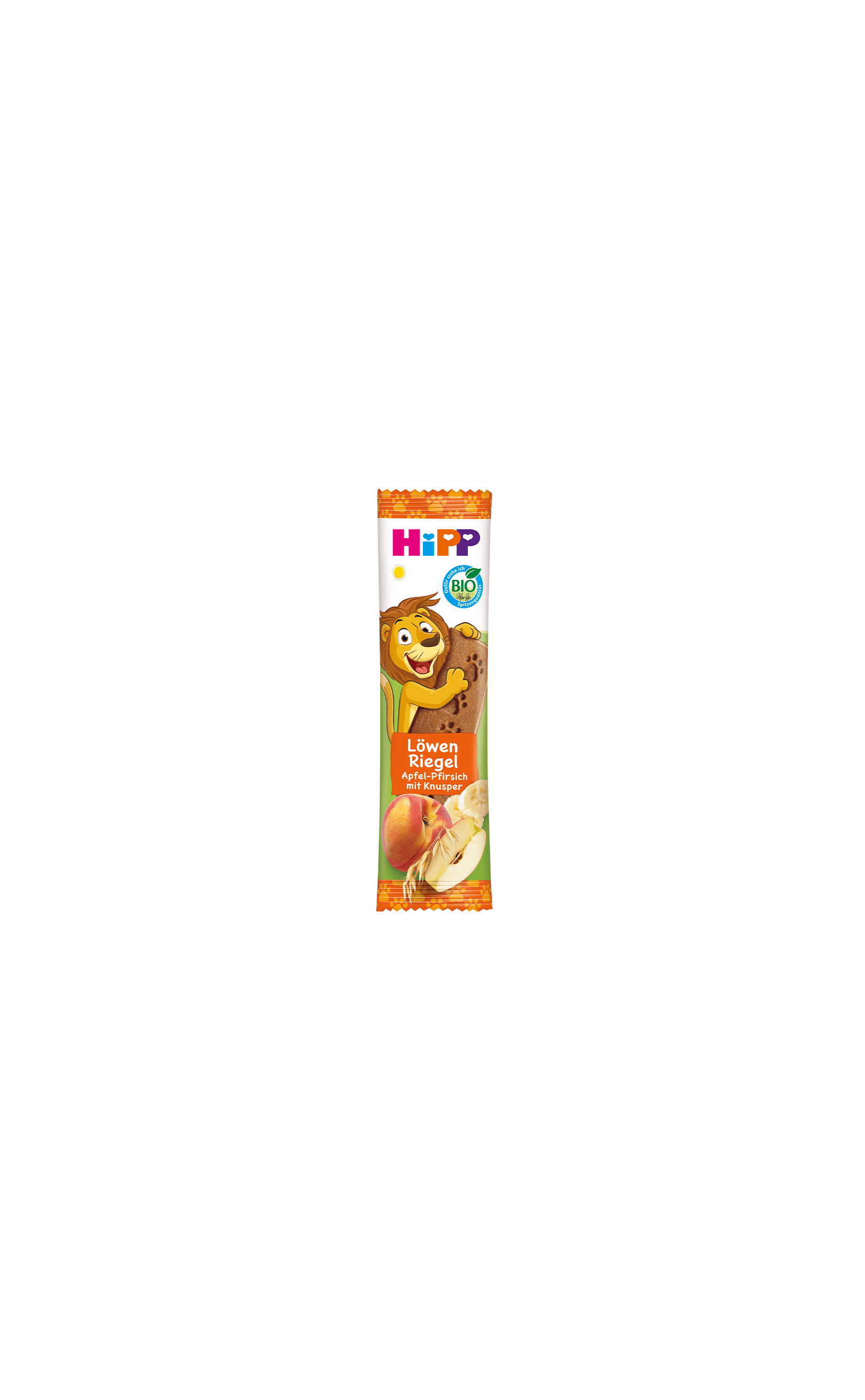 HiPP Löwe Müesli Riegel Hafer-Knusper Apfel-Pfirsich in bunter Kinderverpackung mit Löwenmotiv und Obstabbildung