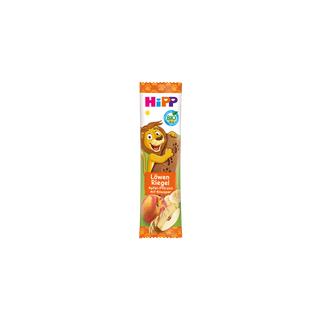 HiPP Löwe Müesli Riegel Hafer-Knusper Apfel-Pfirsich in bunter Kinderverpackung mit Löwenmotiv und Obstabbildung
