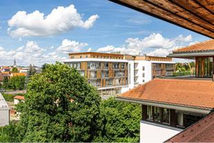 Moderner HiPP-Firmensitz in Pfaffenhofen mit viel Holz, umgeben von Bäumen und Blick über die Stadt bei blauem Himmel.