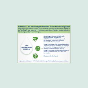 Infografik mit Text zu HiPP PUR Milchfett, Vitaminen, Nährstoffen, Lactosegehalt und pflanzlichem Öl ohne Palmöl