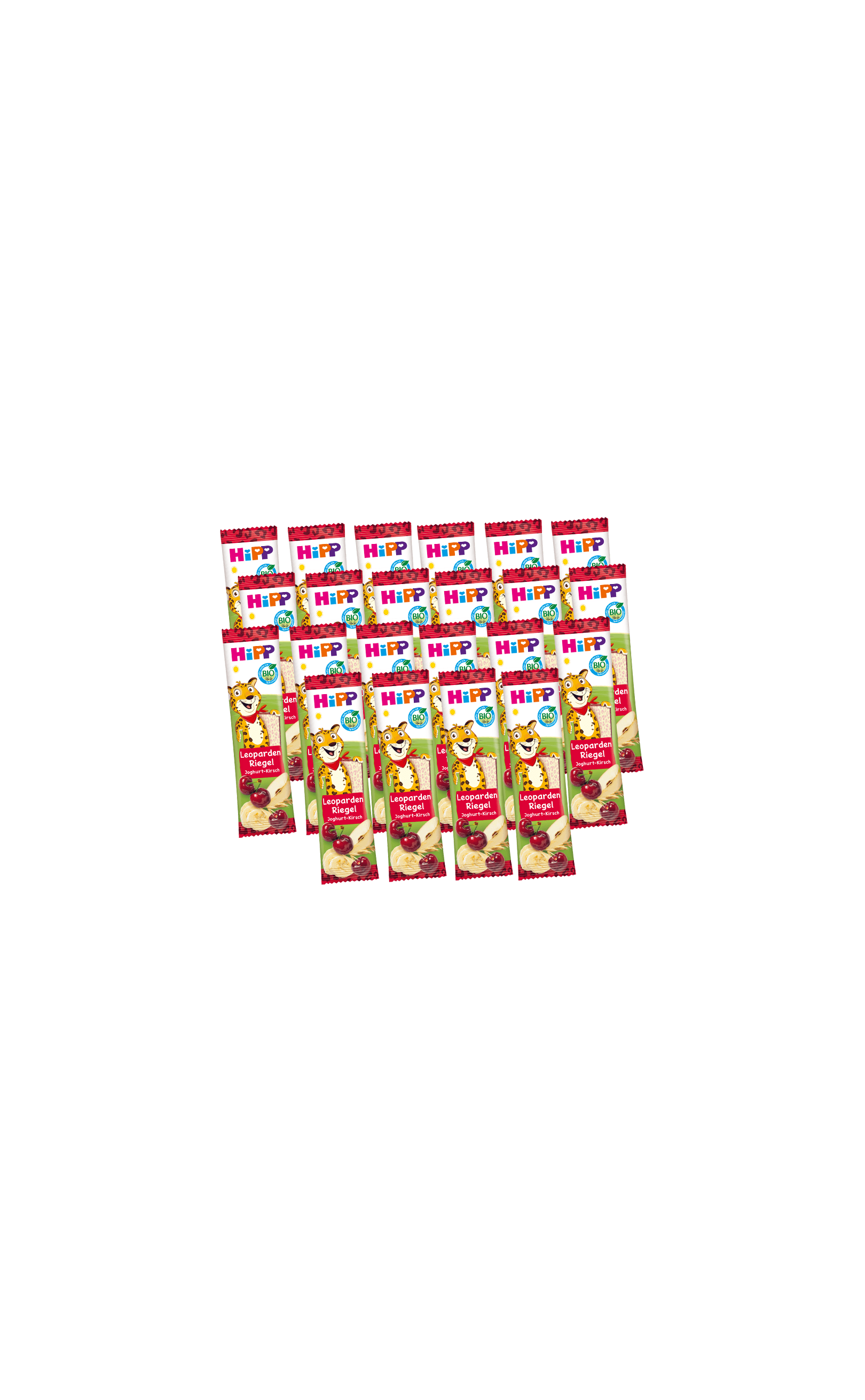22er Pack HiPP Bio Leoparden-Riegel für Kinder mit Banane und Beeren auf schwarzem Hintergrund