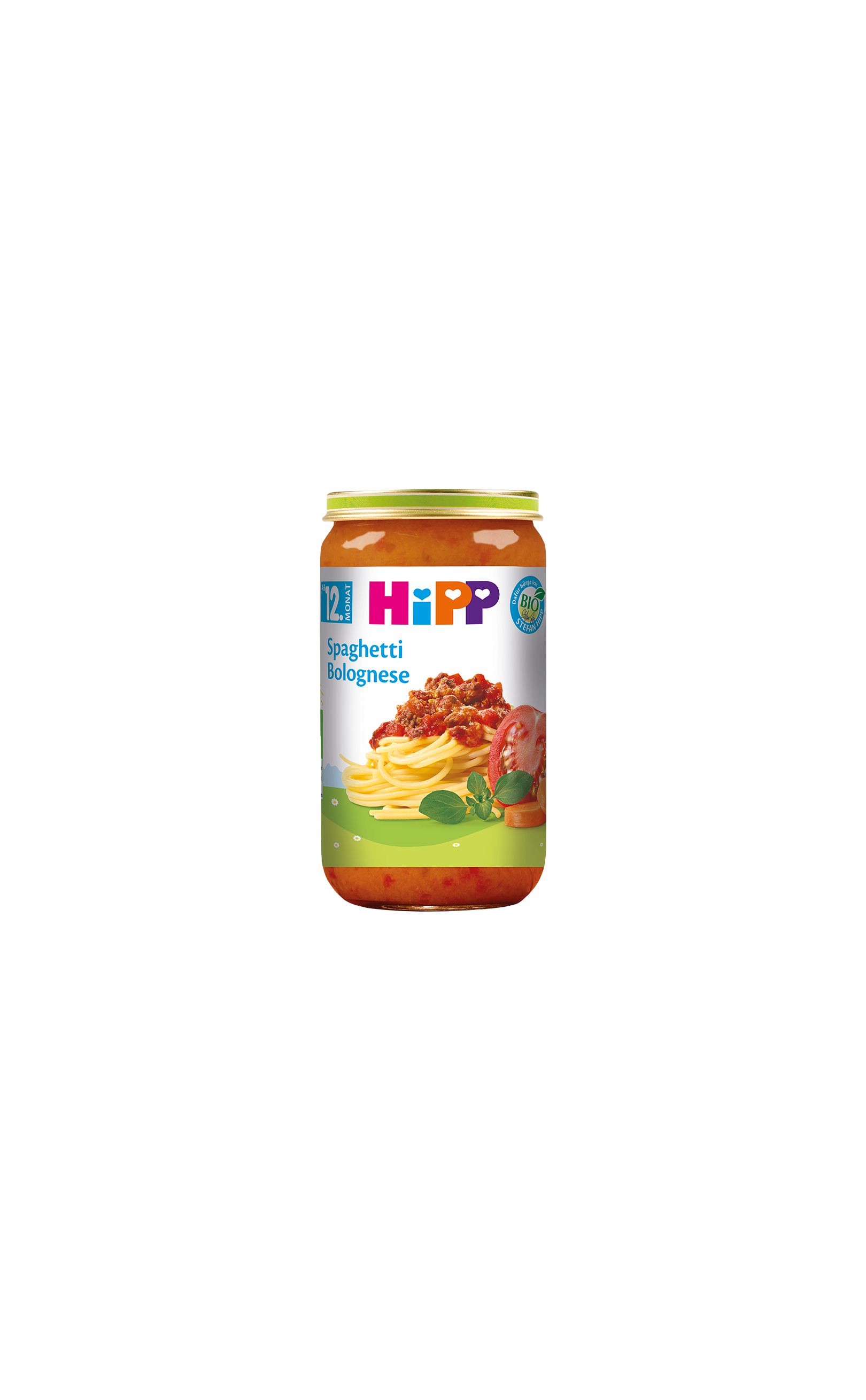 HiPP Spaghetti Bolognese Bio-Glas 250g für Babys ab 12 Monaten mit Spaghetti, Rindfleischsauce und Tomatenabbildung auf dem Etikett