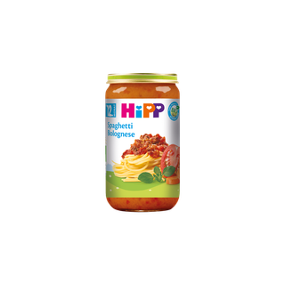 HiPP Spaghetti Bolognese Bio-Glas 250g für Babys ab 12 Monaten mit Spaghetti, Rindfleischsauce und Tomatenabbildung auf dem Etikett
