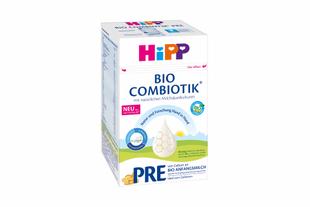 Packung HiPP BIO COMBIOTIK® Pre Anfangsmilch mit Bio-Siegel und Hinweis auf natürliche Milchsäurekulturen vor weißem Hintergrund.