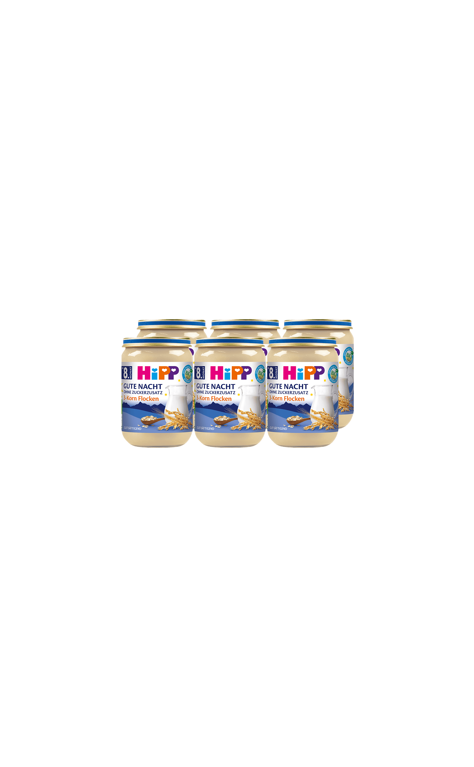 Sechserpack HiPP Gute Nacht Bio-Babybrei im 190g-Glas mit Getreideflocken auf schwarzem Hintergrund