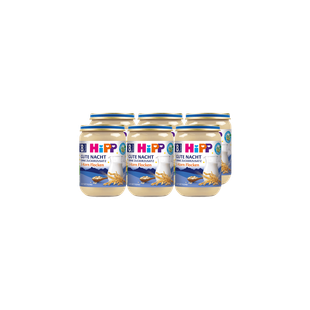 Sechserpack HiPP Gute Nacht Bio-Babybrei im 190g-Glas mit Getreideflocken auf schwarzem Hintergrund