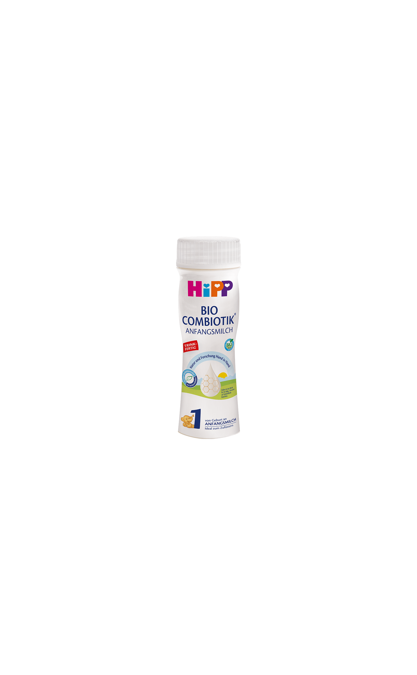 HiPP 1 Bio Combiotik Anfangsmilch, trinkfertige 200 ml Flasche auf weißem Hintergrund
