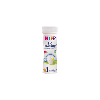 HiPP 1 Bio Combiotik Anfangsmilch, trinkfertige 200 ml Flasche auf weißem Hintergrund