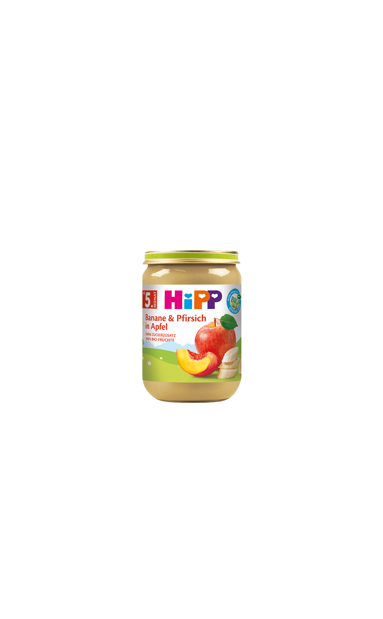 HiPP Bio Babygläschen „Banane & Pfirsich in Apfel“ ab 5. Monat, Fruchtbrei im Glas auf weißem Hintergrund