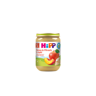 HiPP Bio Babygläschen „Banane & Pfirsich in Apfel“ ab 5. Monat, Fruchtbrei im Glas auf weißem Hintergrund