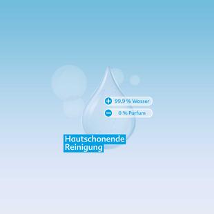 Wassertropfen mit Texten '99,9 % Wasser', '0 % Parfum' und 'Hautschonende Reinigung' auf blauem Hintergrund