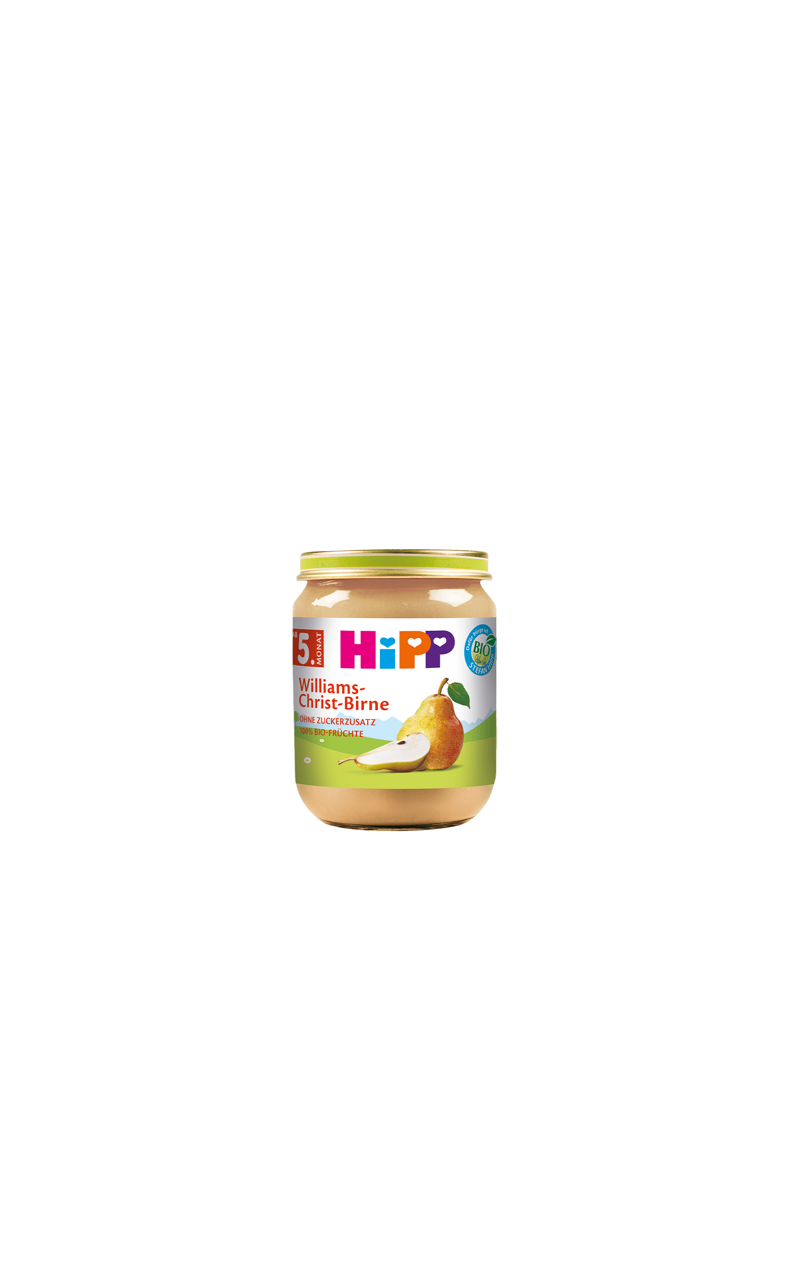 HiPP Bio Babygläschen Williams-Christ-Birne ab 5. Monat ohne Zuckerzusatz, Glas mit Birnenmotiv auf weißem Hintergrund
