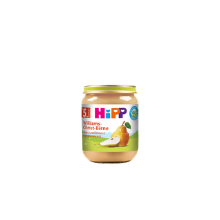 HiPP Bio Babygläschen Williams-Christ-Birne ab 5. Monat ohne Zuckerzusatz, Glas mit Birnenmotiv auf weißem Hintergrund