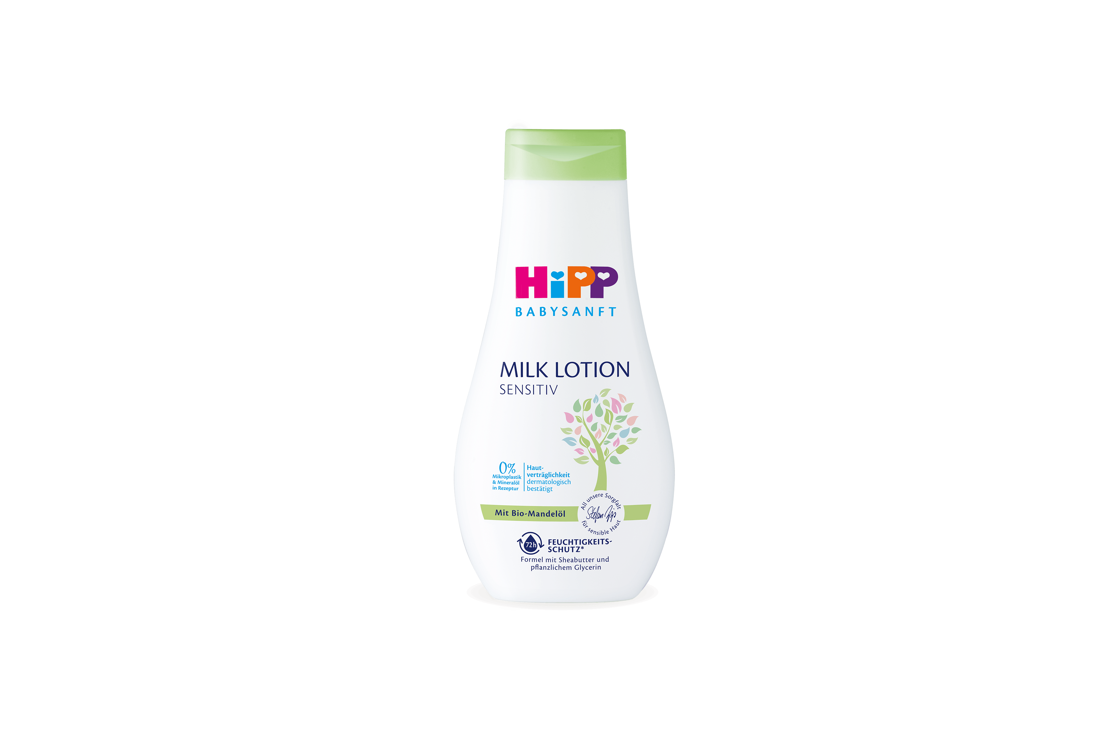HiPP Babysanft Milk Lotion Sensitiv Flasche mit Bio-Mandelöl und Sheabutter auf schwarzem Hintergrund.