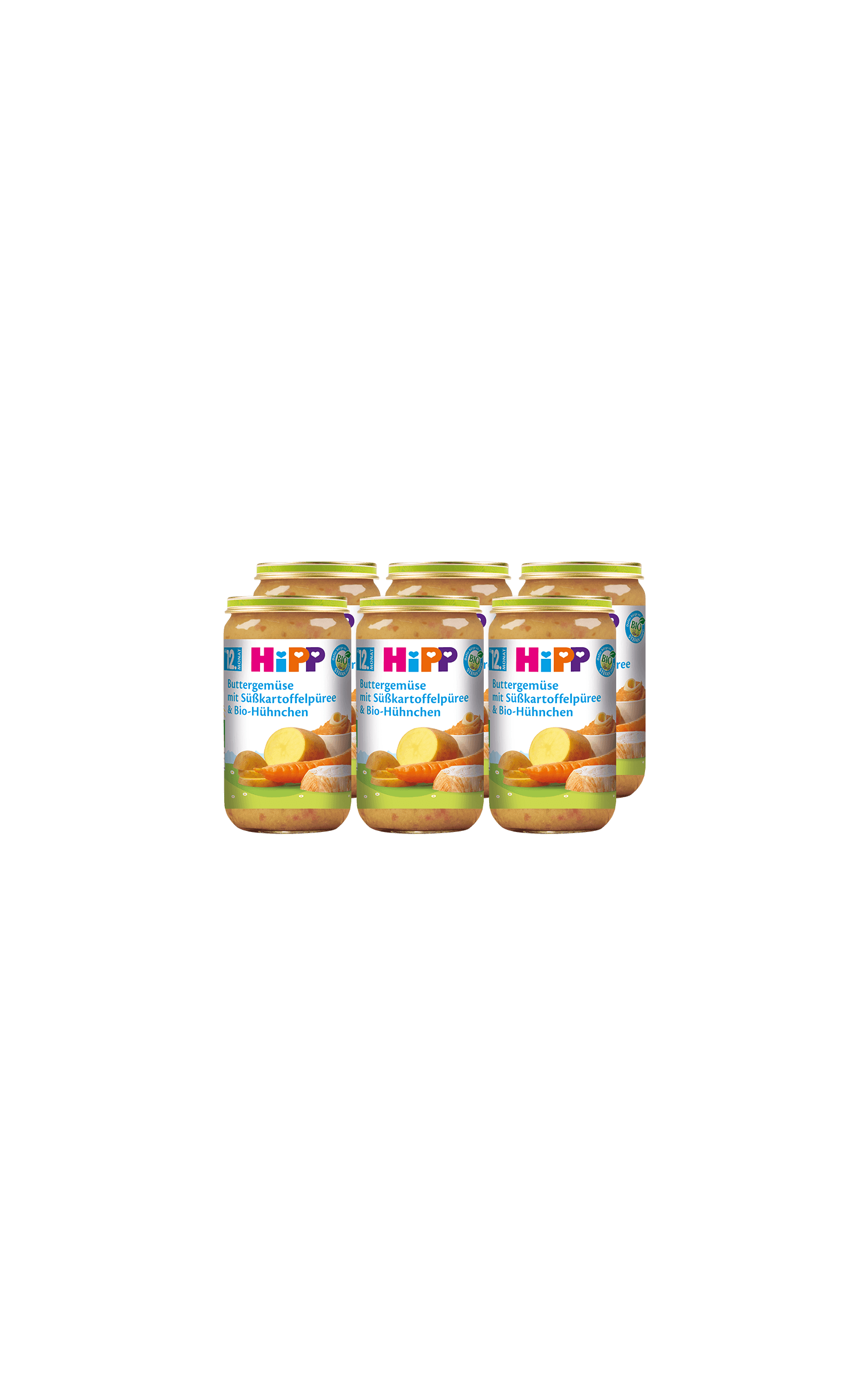 Sechserpack HiPP Bio-Gläschen Buttermischgemüse mit Süßkartoffelpüree und Huhn, 6 x 250 g, vor schwarzem Hintergrund