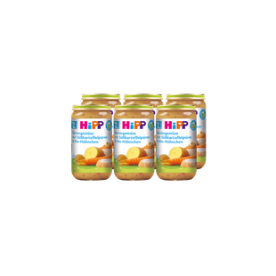 Sechserpack HiPP Bio-Gläschen Buttermischgemüse mit Süßkartoffelpüree und Huhn, 6 x 250 g, vor schwarzem Hintergrund