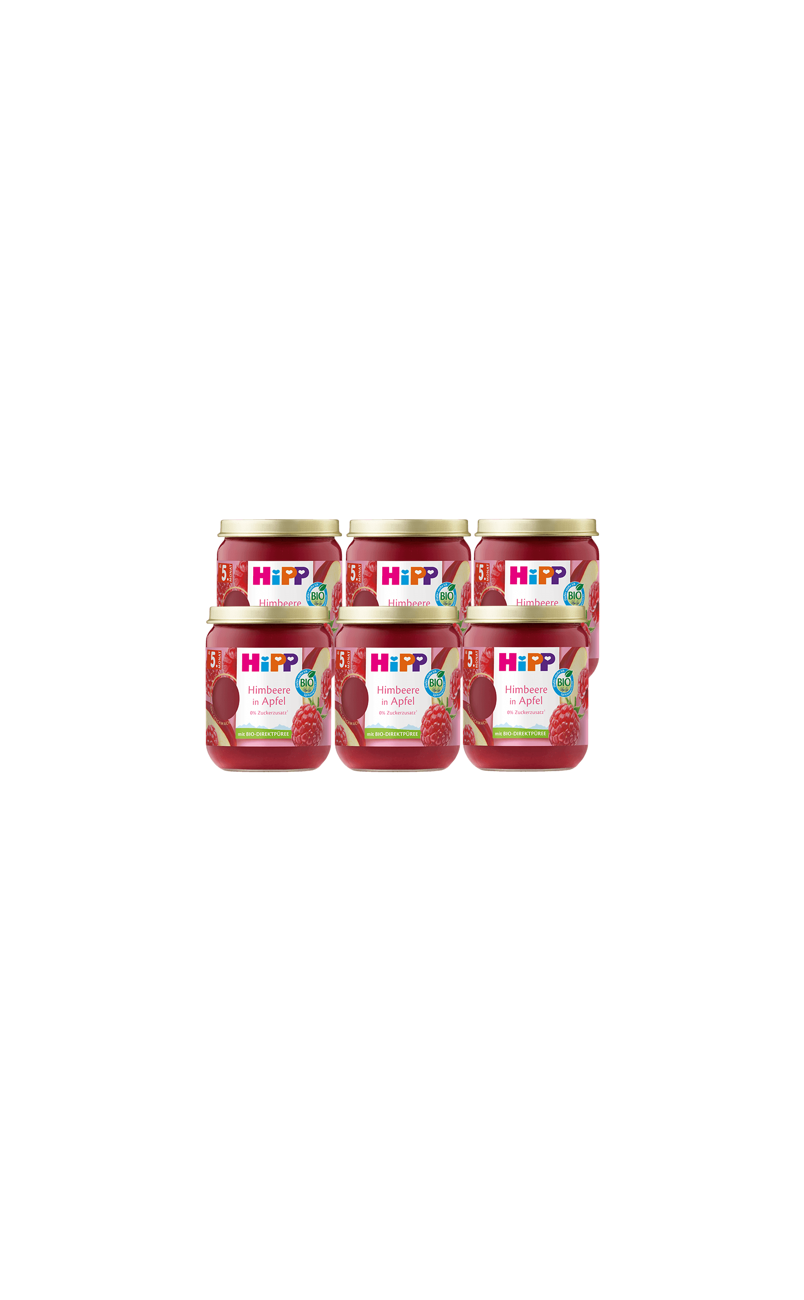 Sechserpack HiPP Bio Babygläschen Himbeere in Apfel, 6×160 g, nebeneinander vor schwarzem Hintergrund angeordnet