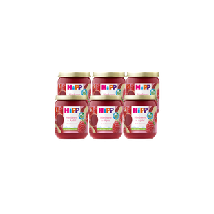 Sechserpack HiPP Bio Babygläschen Himbeere in Apfel, 6×160 g, nebeneinander vor schwarzem Hintergrund angeordnet