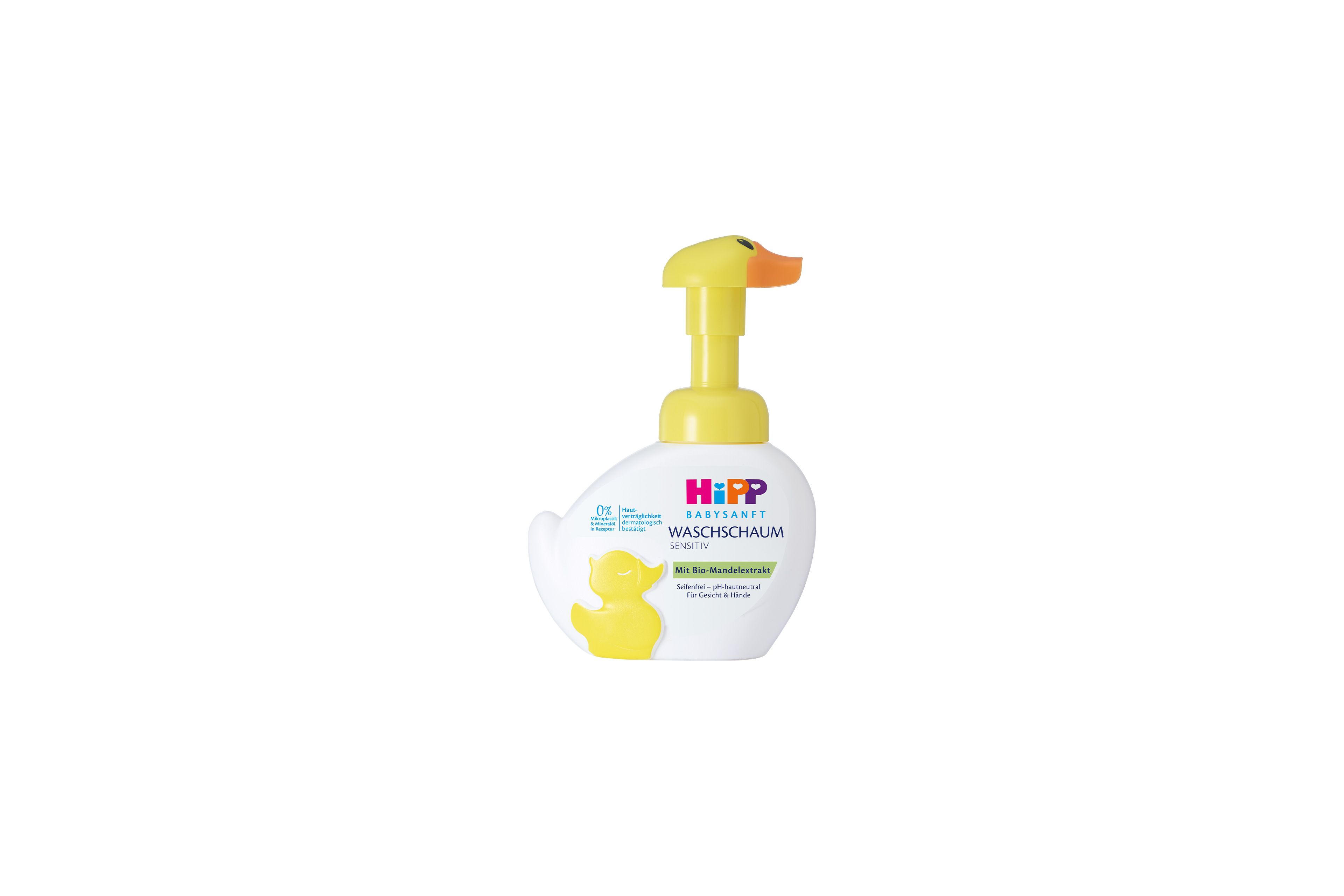 HiPP Babysanft Waschschaum Sensitiv in weiß-gelber Entenflasche mit Pumpspender für zarte Babyhaut