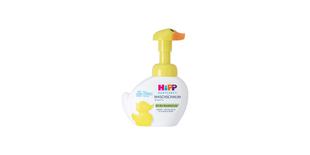 HiPP Babysanft Waschschaum Sensitiv in weiß-gelber Entenflasche mit Pumpspender für zarte Babyhaut