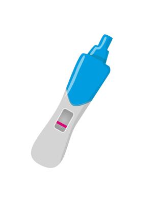 Ein blau-weißes medizinisches Gerät mit einem rosafarbenen rechteckigen Fenster, das üblicherweise für Schwangerschaftstests verwendet wird.
