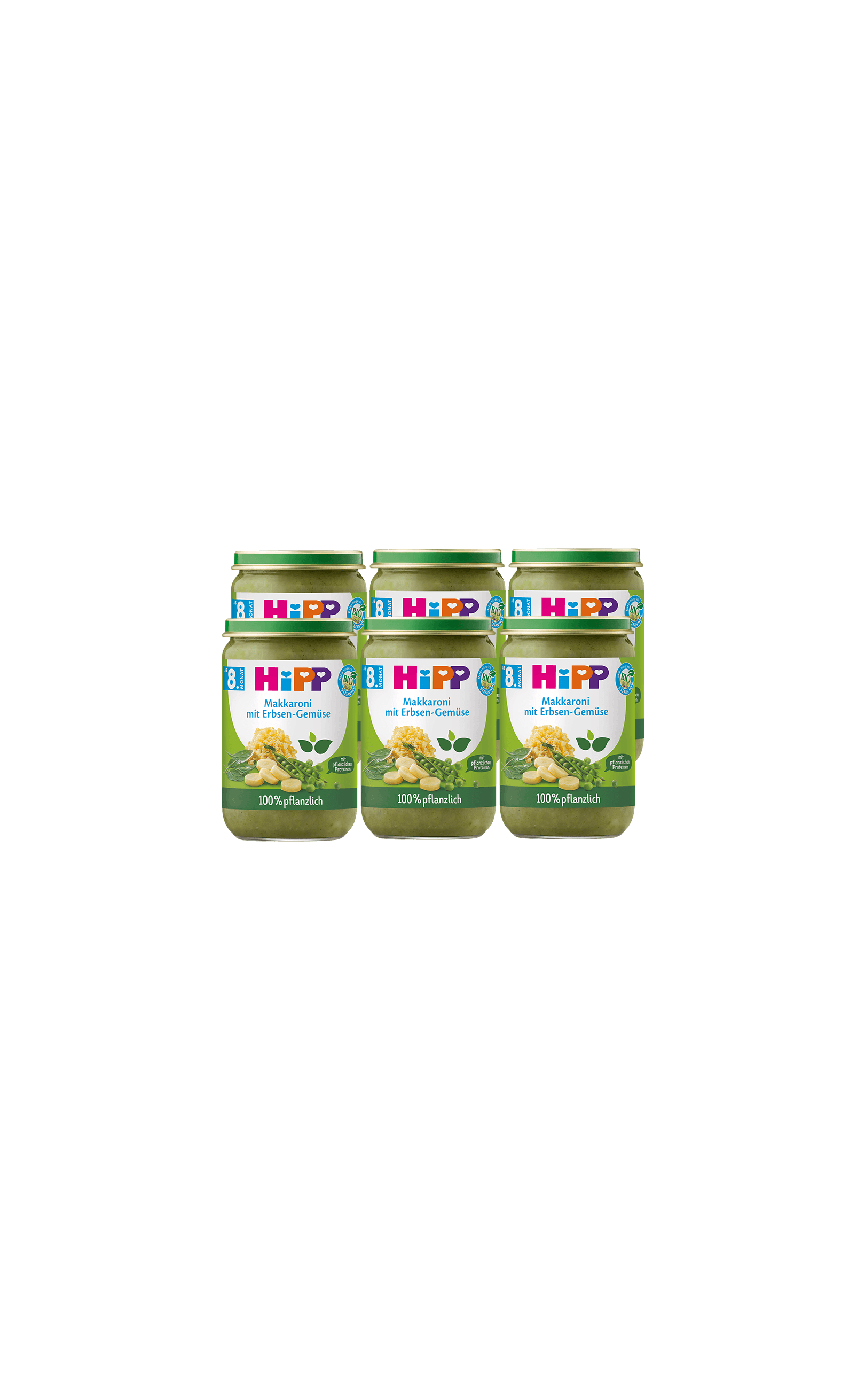 Sechserpack HiPP Bio-Gläschen Makkaroni mit Erbsen-Gemüse, 100 % pflanzlich, für Babys ab dem 8. Monat