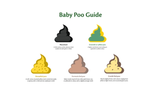 An infographic detailing the different types of baby poo you can expect to see in a newborn