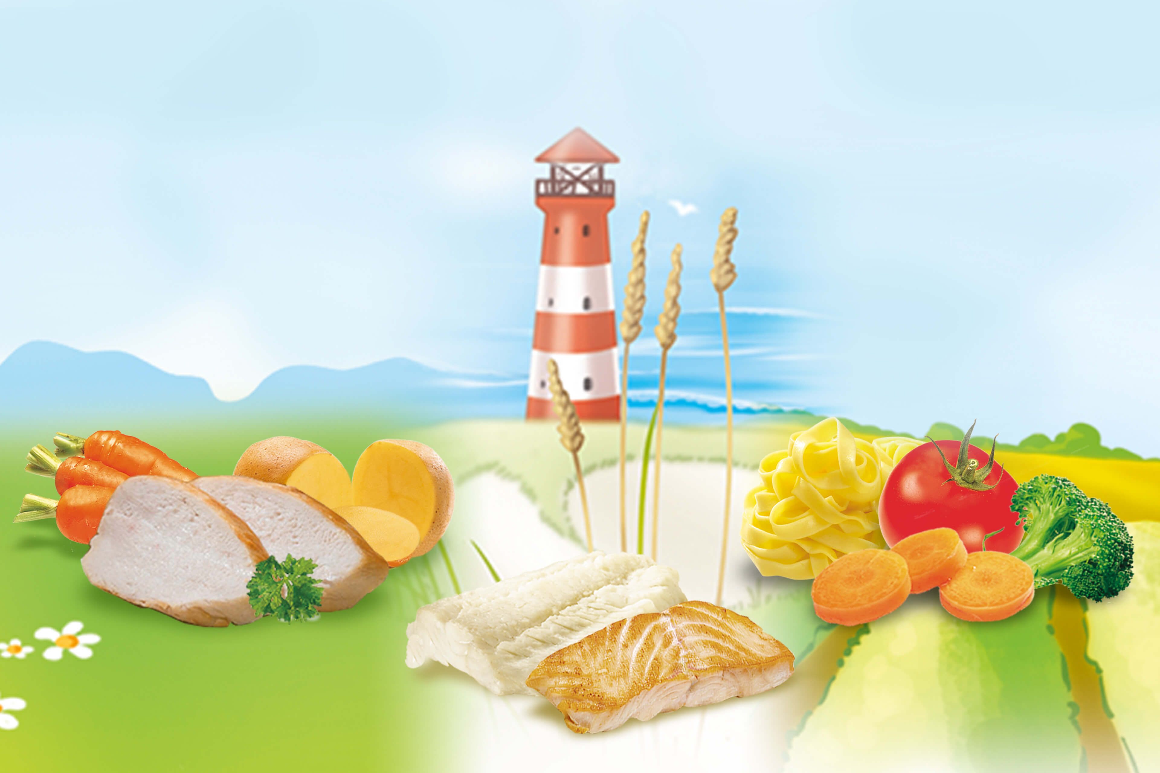 Eine malerische Landschaft mit einem Leuchtturm, einem Strand und einer Vielzahl von Gemüse- und Fischsorten, begleitet von den deutschen Texten "Fleisch", "Fisch" und "Vegetarisch/Vegan".