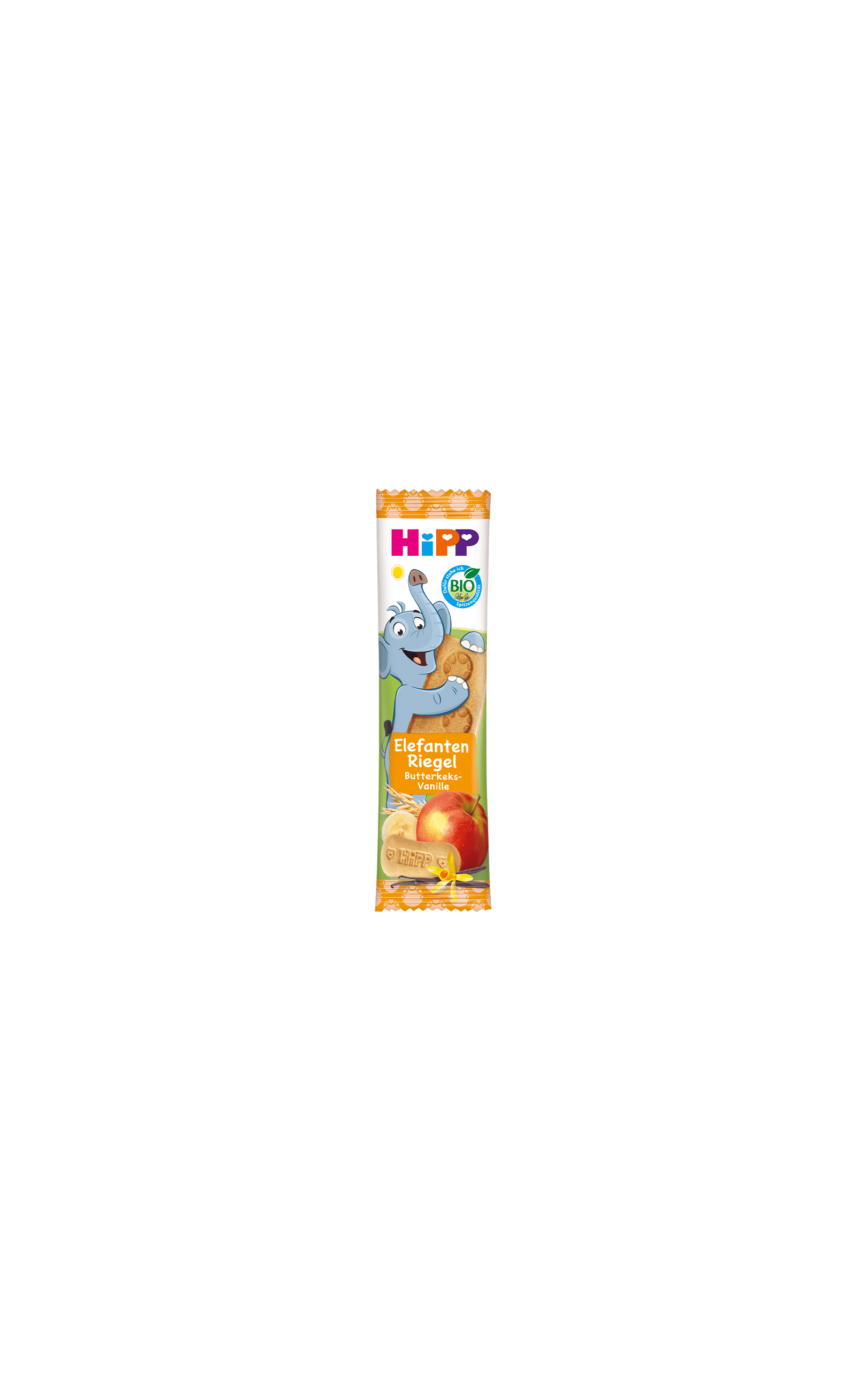HiPP Elefant Müesli Riegel Butterkeks in Apfel-Vanille in bunter Kinderverpackung mit Elefantenmotiv auf weißem Hintergrund