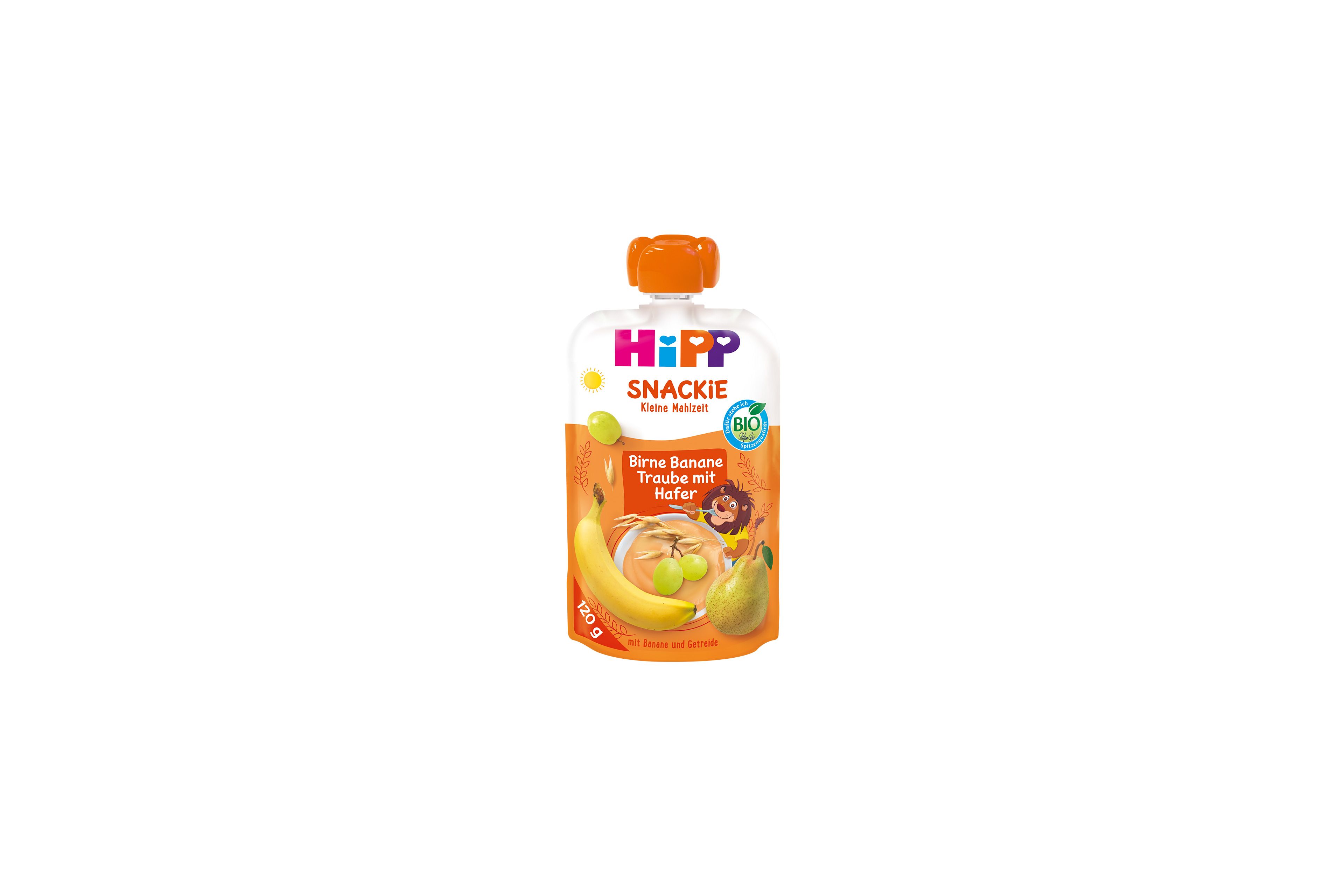 HiPP Snackie Quetschbeutel Birne Banane Traube mit Hafer, Bio-Frucht-Getreide-Snack ab 1 Jahr