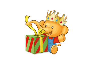 Kleiner Elefant mit goldener Krone sitzt und hält Geschenk mit rotem und grünem Muster und gelber Schleife